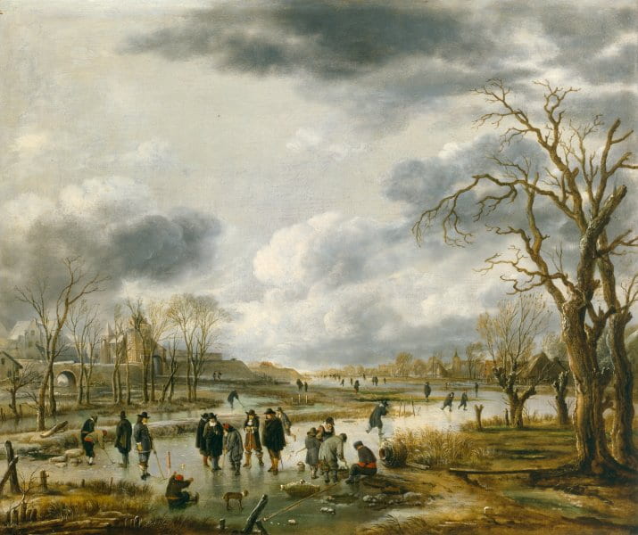 Scene outdoors with cloudy, gray skies and a crowd of people standing on an iced over river golfing.