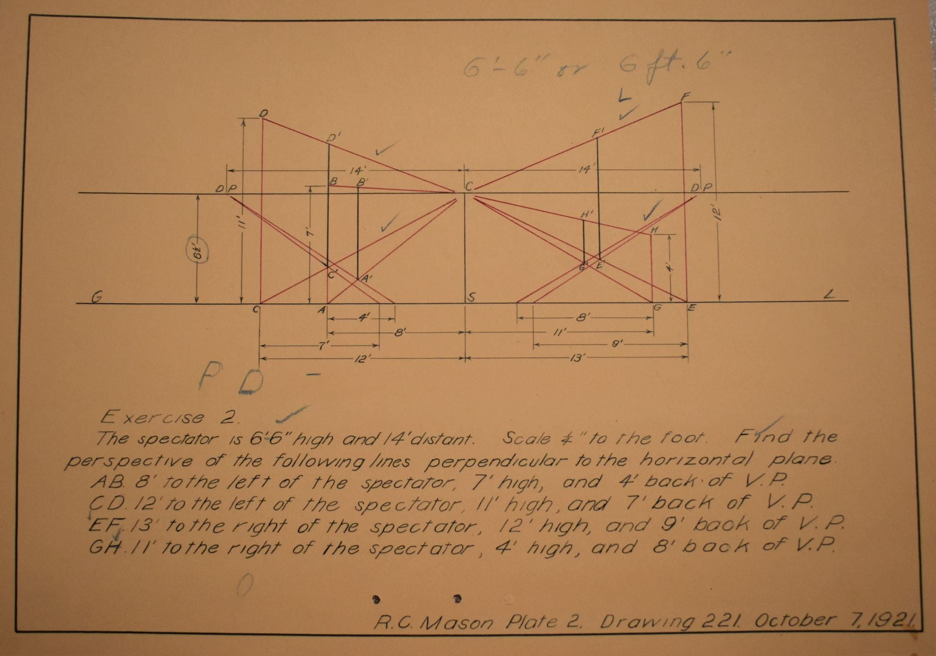 A yellowed document featuring a student assignment. There is an architectural sketch of some sort of building or structure. Underneath is an in-depth description of measurements for the drawing. In bottom right corner are the words 