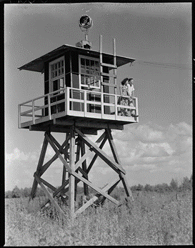 A small wooden tower in the middle of a field with two people standing against railing and looking outward.