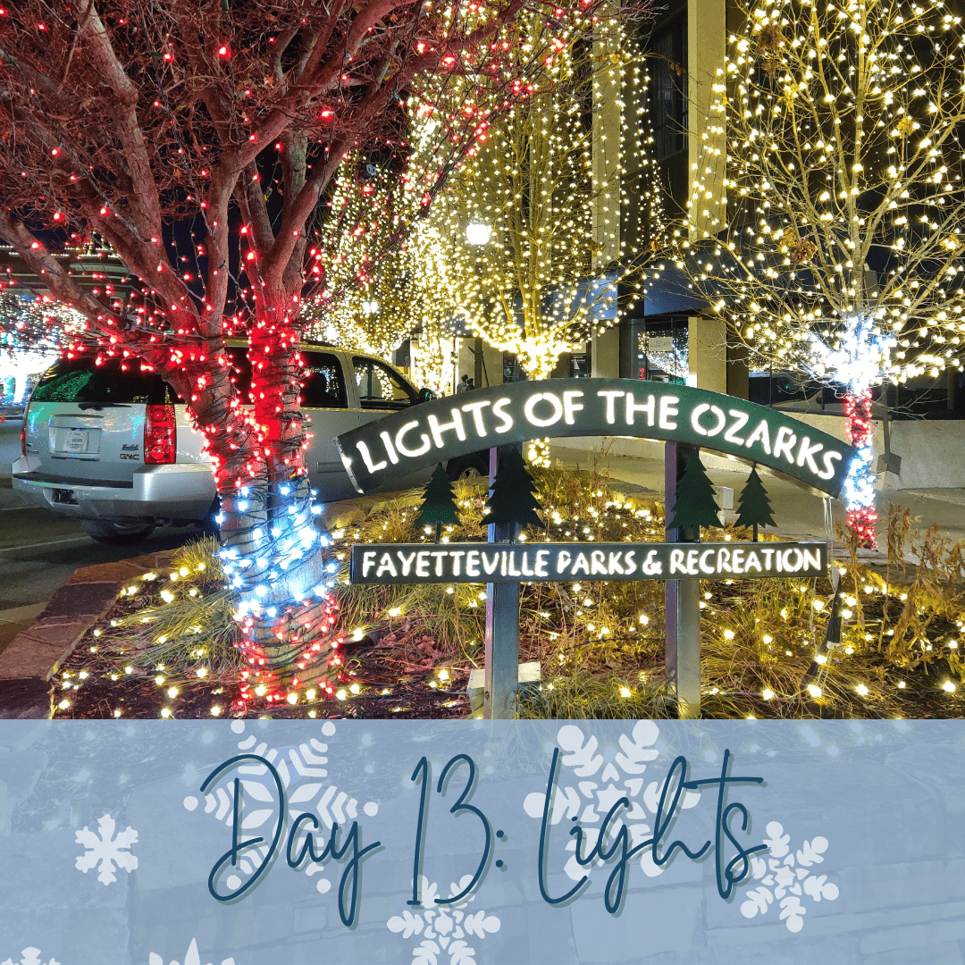 An outdoor nighttime scene featuring trees lit in red and white and a sign that says "Lights of the Ozarks Fayetteville Parks & Recreation." A blue banner is overlaid at the bottom and says "Day 13: Lights."