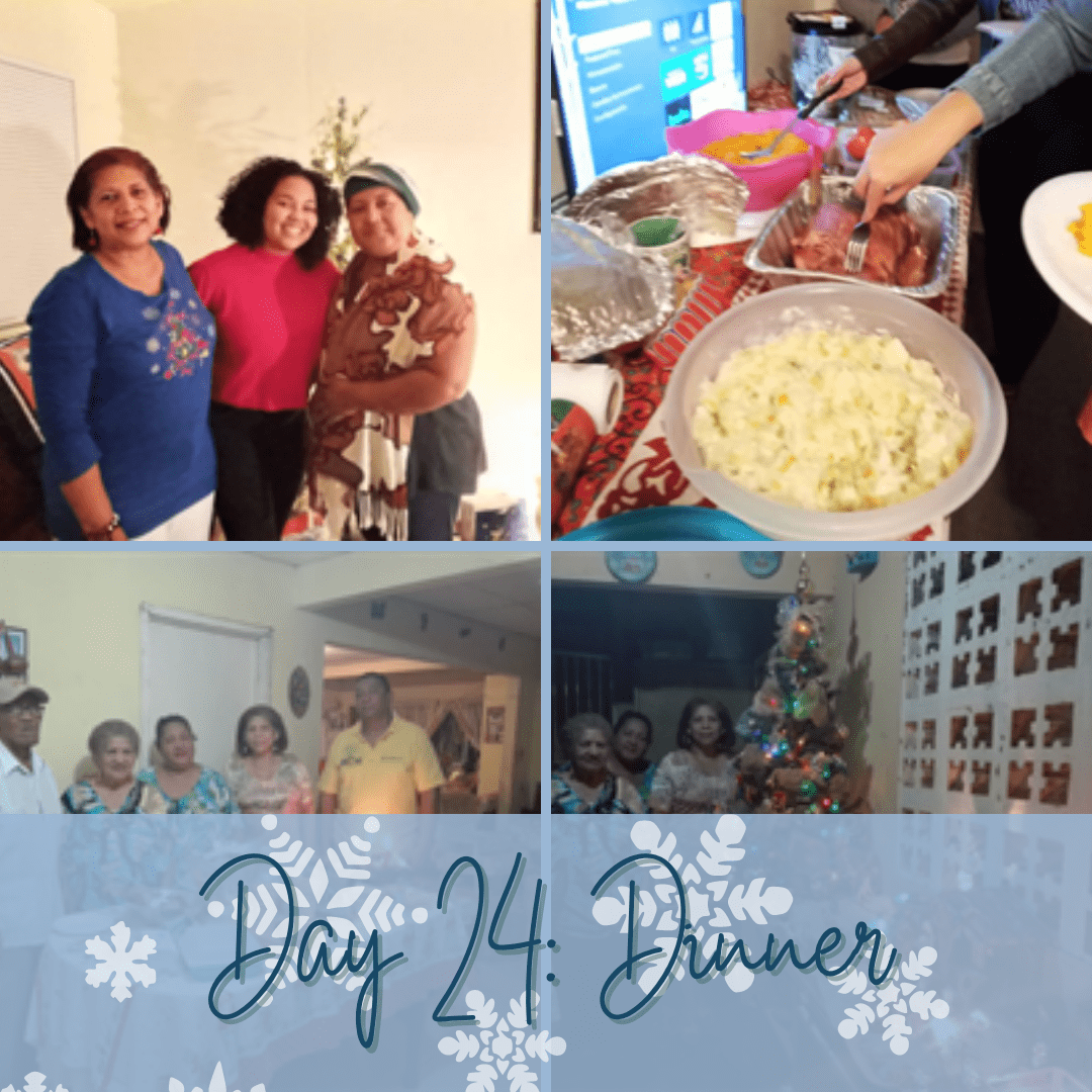 Four photos in a grid - three of them feature small groups of people posing together and smiling while one features dishes of food on a table as people reach out to fill their plates. A blue banner at the bottom of the image has the words "Day 24: Dinner."