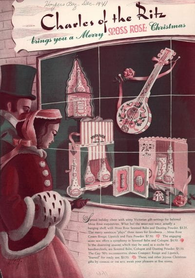 A print advertisement illustration featuring a man and a woman dressed in warm clothing and standing outside a shop looking at a window display. Above it says "Charles of the Ritz brings you a Merry Moss Rose Christmas."