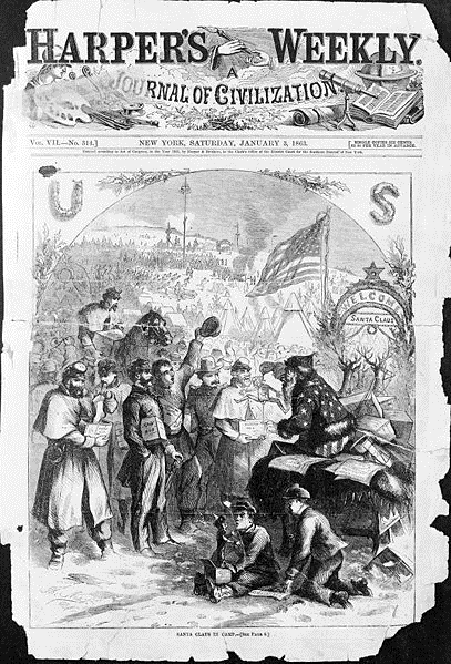 A black and white illustration from Harper's Weekly (January 3, 1863). A crowd of soldiers are in front of a man in a sleigh giving out toys. In the background is a sign that says "Welcome Santa Claus" and an American flag.