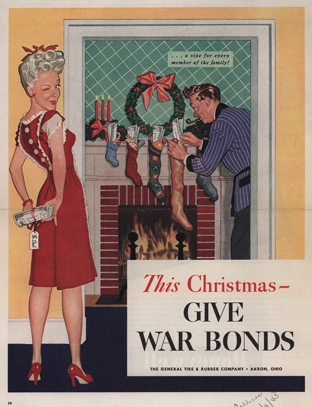 A print advertisment illustration featuring a woman wearing a red dress winking over her shoulder and holding a document behind her back while a man in the next room stuffs similar documents in stocking over a fireplace. The ad says "This Christmas give war bonds ... a size for every member of the family!"