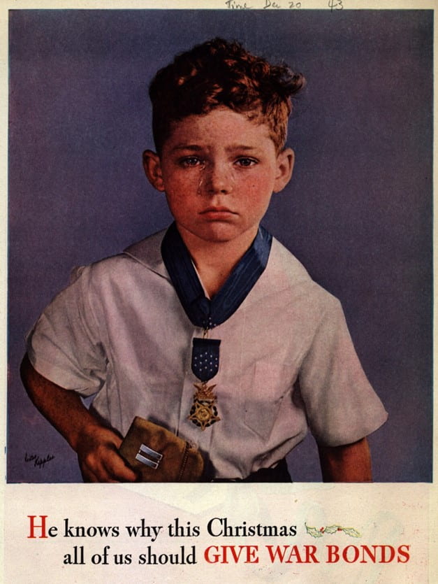 An advertisement with a young boy with a very sad face holding a cap and wearing a war medal around his neck.