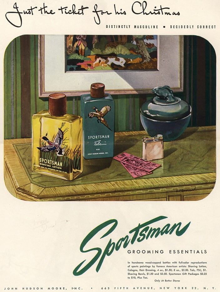 An illustrated advertisement featuring small bottles on a table. Two of the bottles have flying birds on them and say "Sportsman." The ad says "Just the ticket for his Christmas - Sportsman Grooming Essentials."