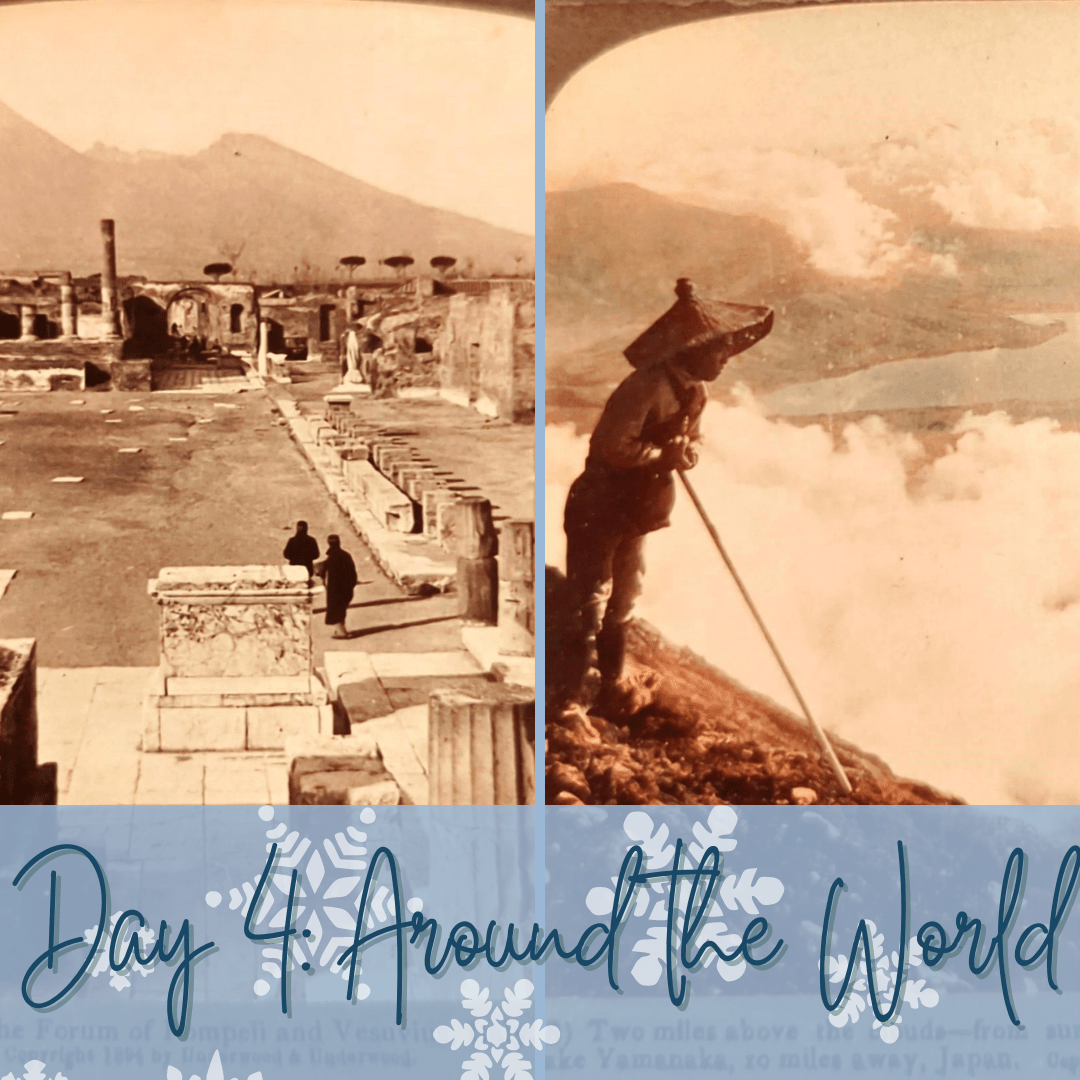 Two black and white photographs side-by-side featuring ancient ruins on the left and a person looking across a landscape on the right. At the bottom of image it says "Day 4: Around the World."