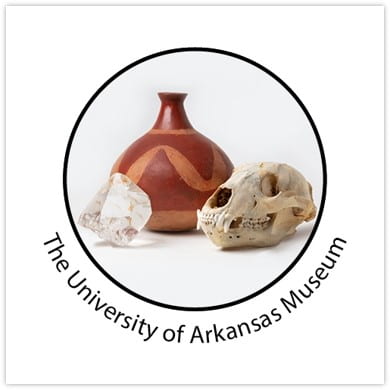 U of A Museum logo that includes a quartz specimen, bear skull, and Arkansas ceramic inside a circle.