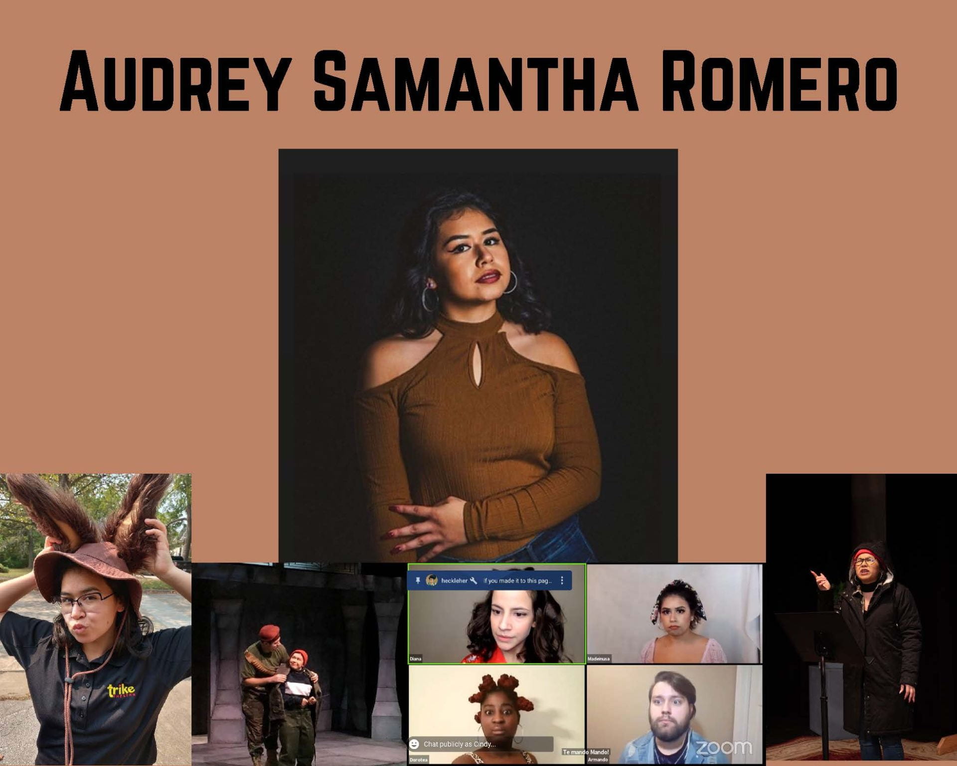 An image collage featuring images of the Audrey Romero over an orange background and words at the top: "Audrey Samantha Romero"